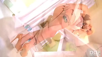 Busty babe's boredom a glass dildo ride at home