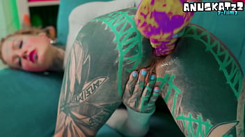 Skinny tattooed slut's anal masturbation solo toy play in her asshole