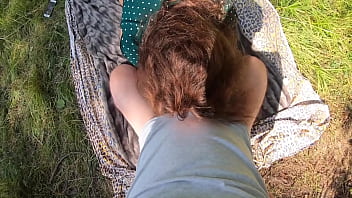 Sexy brunette with a round ass loves to suck dick and doggystyle fucking on the outdoor without taking off panties amateur couple pov sex
