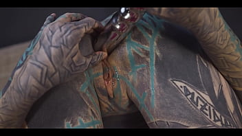 Tattoo slut sinks a thick metal toy deep into her hole