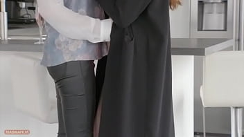 Two long haired beauties black and brunette have a sexy encounter in no man's land