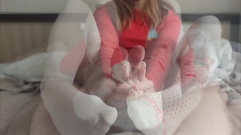 Christmas sockjob in cute white socks and white pantyhose