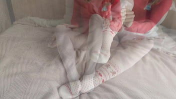 Christmas sockjob in cute white socks and white pantyhose