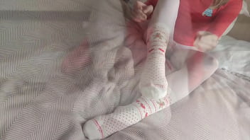 Christmas sockjob in cute white socks and white pantyhose