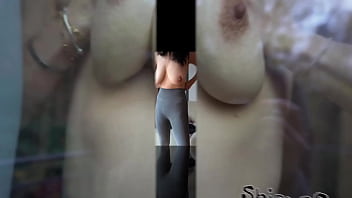 Morning fitness exercise bouncing boobs and push to the glass window my boobs and nipples