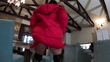 Downjacket try on & blowjob tease – coat fetish masturbation & messy cum finish 327