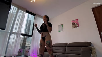 The neighbor gets me training and leaves my bush full of cum