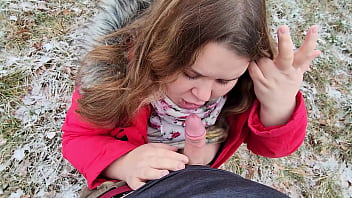 Facial cum drooling outdoor blowjob from chubby girlfriend with big boobs