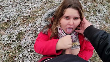 Facial cum drooling outdoor blowjob from chubby girlfriend with big boobs