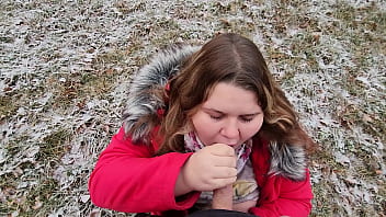 Facial cum drooling outdoor blowjob from chubby girlfriend with big boobs