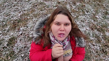 Facial cum drooling outdoor blowjob from chubby girlfriend with big boobs