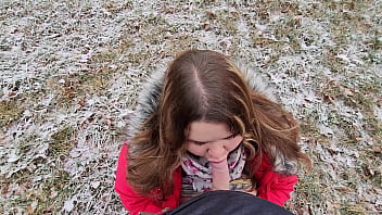 Facial cum drooling outdoor blowjob from chubby girlfriend with big boobs