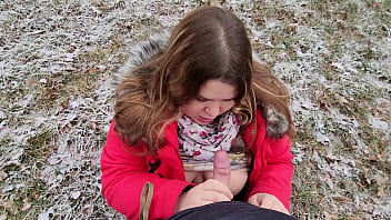 Facial cum drooling outdoor blowjob from chubby girlfriend with big boobs