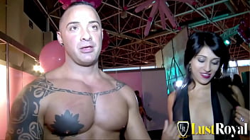 Brunette with natural tits gives deep blowjob and fucks in the club