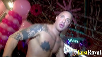 Brunette with natural tits gives deep blowjob and fucks in the club