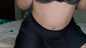 Female exposes naughty tight teen pussy under mini black skirt and fishnets