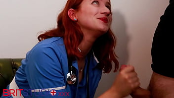 Sexy nurse greene wanks off a patient and plays with cum