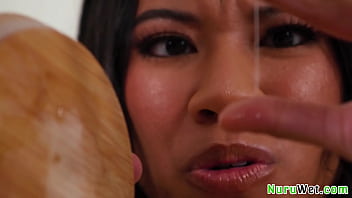 Natural busty teen girl slide her naked wet body on her customer and fuck him