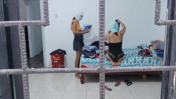 Horny housewives do housework while touching each other's buttocks and tits