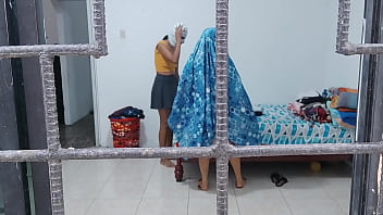 Horny housewives do housework while touching each other's buttocks and tits