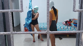 Horny housewives do housework while touching each other's buttocks and tits