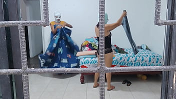 Horny housewives do housework while touching each other's buttocks and tits