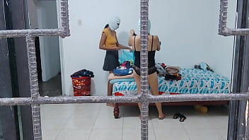 Horny housewives do housework while touching each other's buttocks and tits