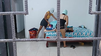 Horny housewives do housework while touching each other's buttocks and tits