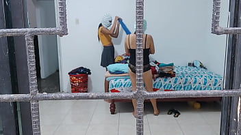 Horny housewives do housework while touching each other's buttocks and tits