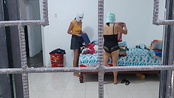 Horny housewives do housework while touching each other's buttocks and tits