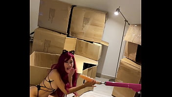 Huge dildo sex machine fucks deep throat teen cat girl hardcore fetish blowjob sucking sex toy