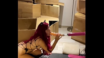Huge dildo sex machine fucks deep throat teen cat girl hardcore fetish blowjob sucking sex toy