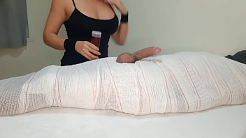 Part1 mummified handjob with interruption of cum for two minutes
