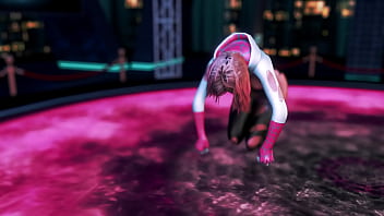 Cute naughty stacy gwen dance on the floor in torn suit to seduce spider man