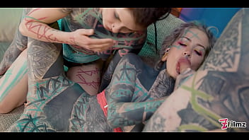 Tattooed man's teen threesome alternative girls ride his cock