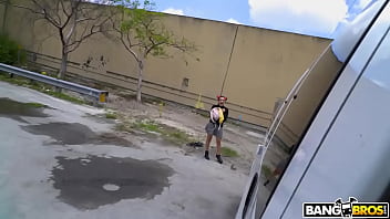 Asian cutie hops on the bus