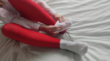 Valentines day in red pantyhose white socks and shoes hot video
