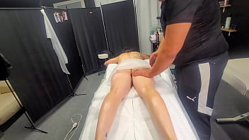 Male masseur take sexy lady for his massage chair he was close to fuck her make a bit pussy play