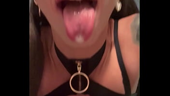 Tattooed brunette in leather lingerie does sexy dance and has an orgasm while masturbating with a dildo