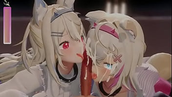 Two neko girls playing with your dick