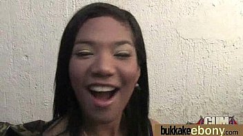Ebony babe sucks group of white guys 9