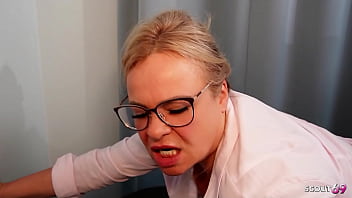 German female mature cougar boss with glasses seduce boy to fuck at job interview at office