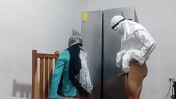 Arabian fucks in front of the refrigerator and has a great orgasm real sex