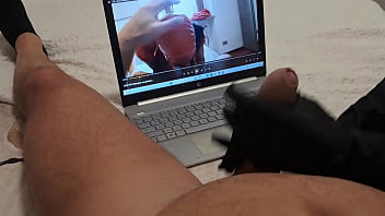 Preview milf handjob jerks off a big cock until he cums on her gloves pov