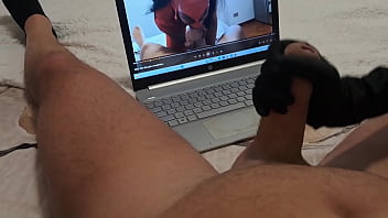 Preview milf handjob jerks off a big cock until he cums on her gloves pov