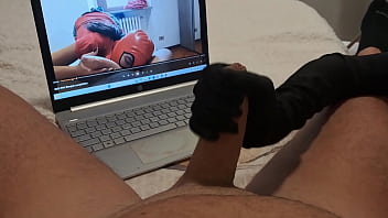 Preview milf handjob jerks off a big cock until he cums on her gloves pov