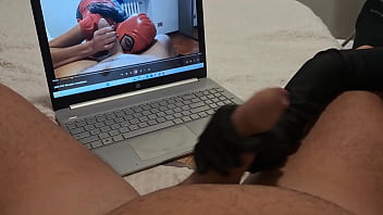 Preview milf handjob jerks off a big cock until he cums on her gloves pov