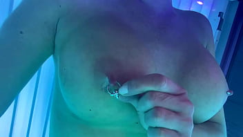 Masturbate and nipples play in sunbathing area studio