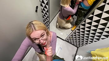 Blondie with glasses sucks my cock good