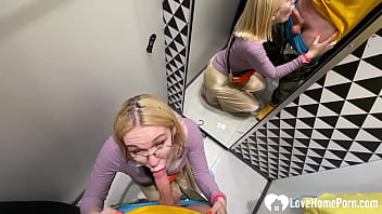 Blondie with glasses sucks my cock good